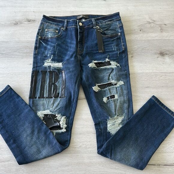 AMIRI Skinny-Fit Leather Appliquéd Distressed Jeans Blue/Black 32 NWT - Picture 14 of 16